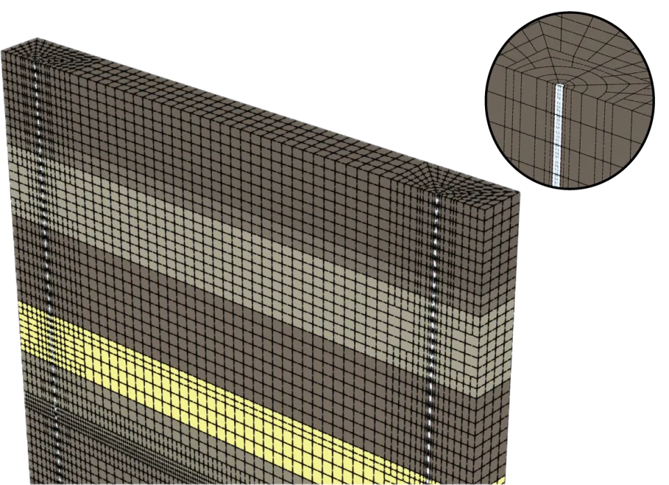 Three-dimensional finite-element mesh surrounding a fluid-filled borehole